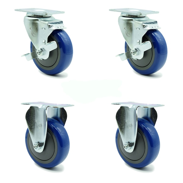 Service Caster 4 Inch Blue Polyurethane Wheel Swivel Top Plate Caster Set with 2 Brake 2 Rigid SCC-20S414-PPUB-BLUE-TLB-TP3-2-R-2 - main